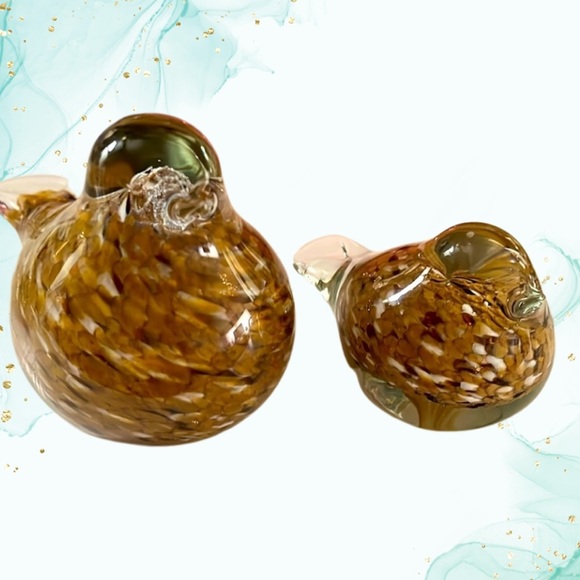 Brown & Gold Speckled Glass Birds Mother and Baby Paperweights - Picture 1 of 5